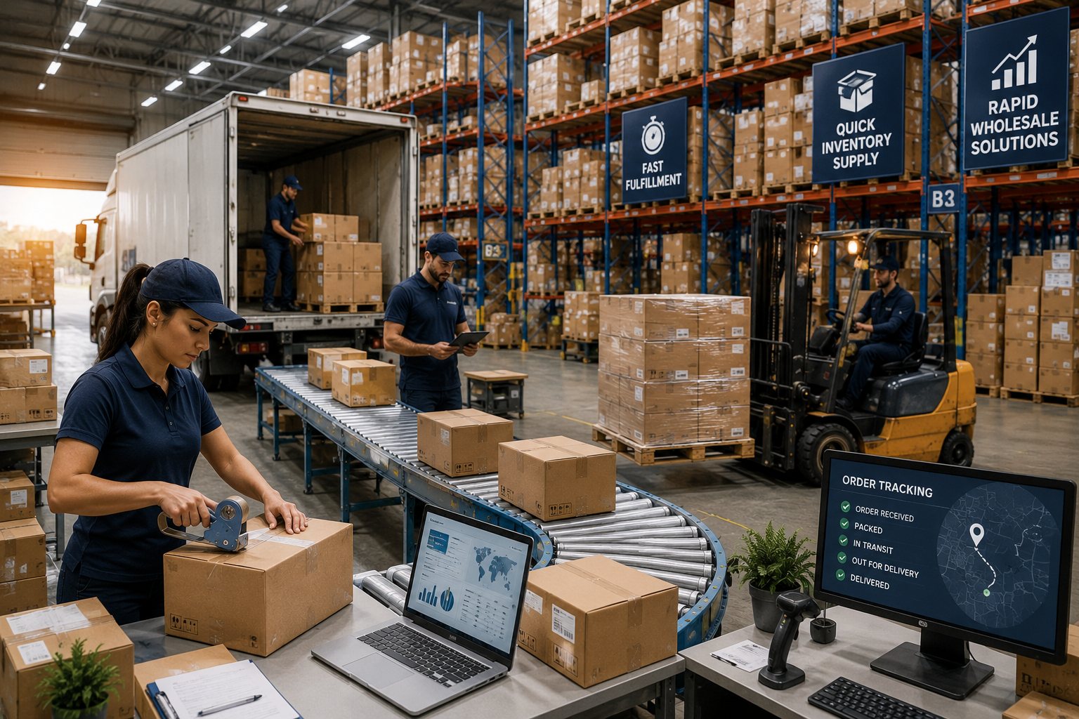 Fast Fulfillment Services with quick inventory supply and rapid wholesale solutions in a modern wholesale distribution warehouse