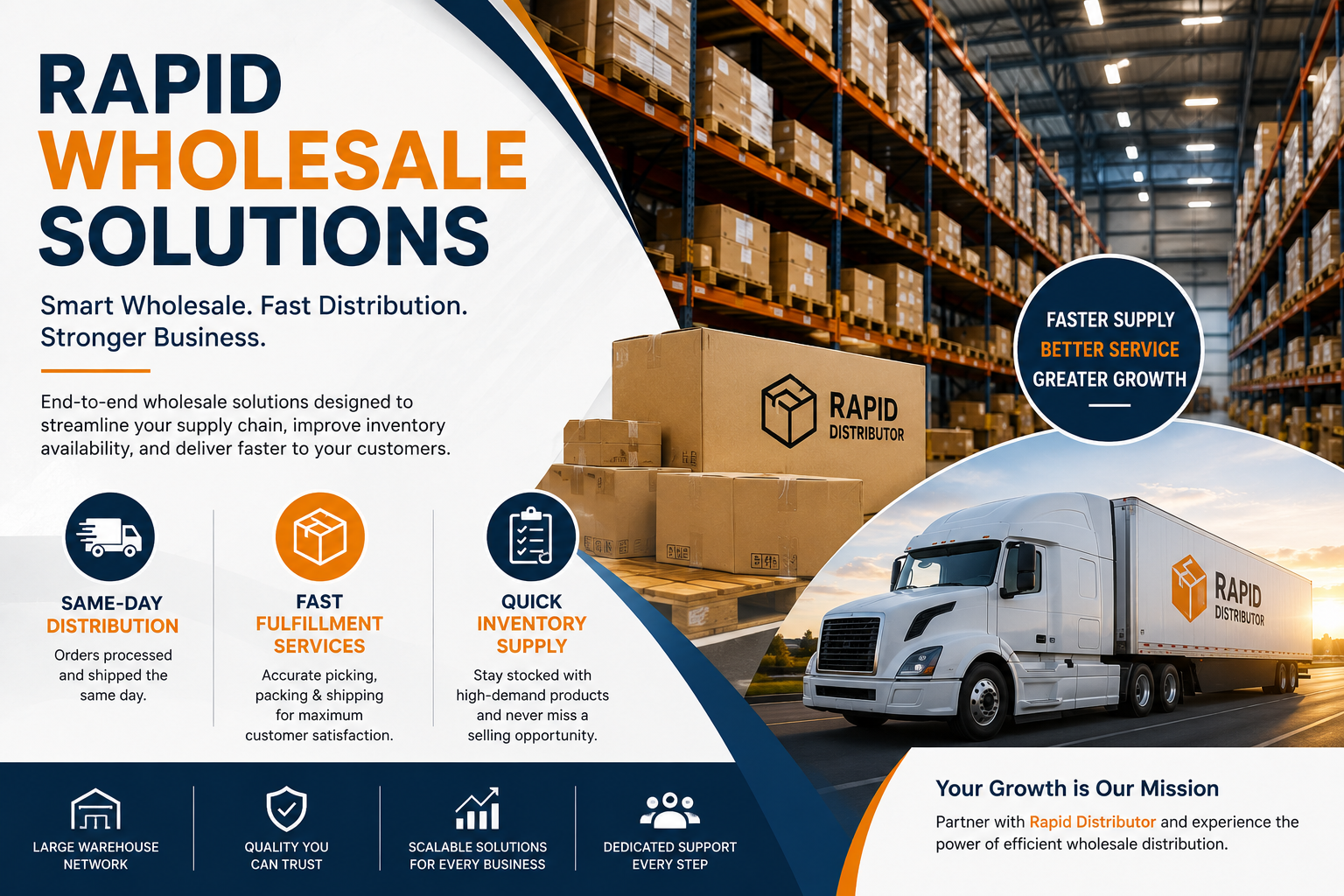 Rapid Wholesale Solutions with same-day distribution, fast fulfillment services, and quick inventory supply in a modern wholesale warehouse