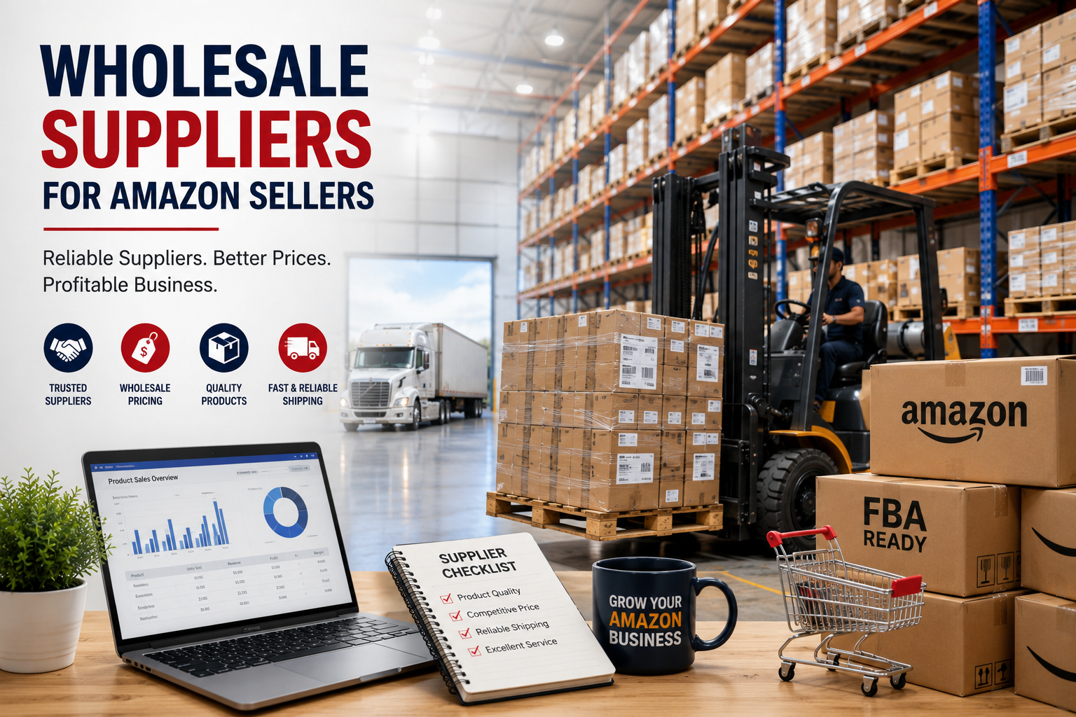 Professional wholesale warehouse with forklift, inventory pallets, and Amazon FBA supplier operations