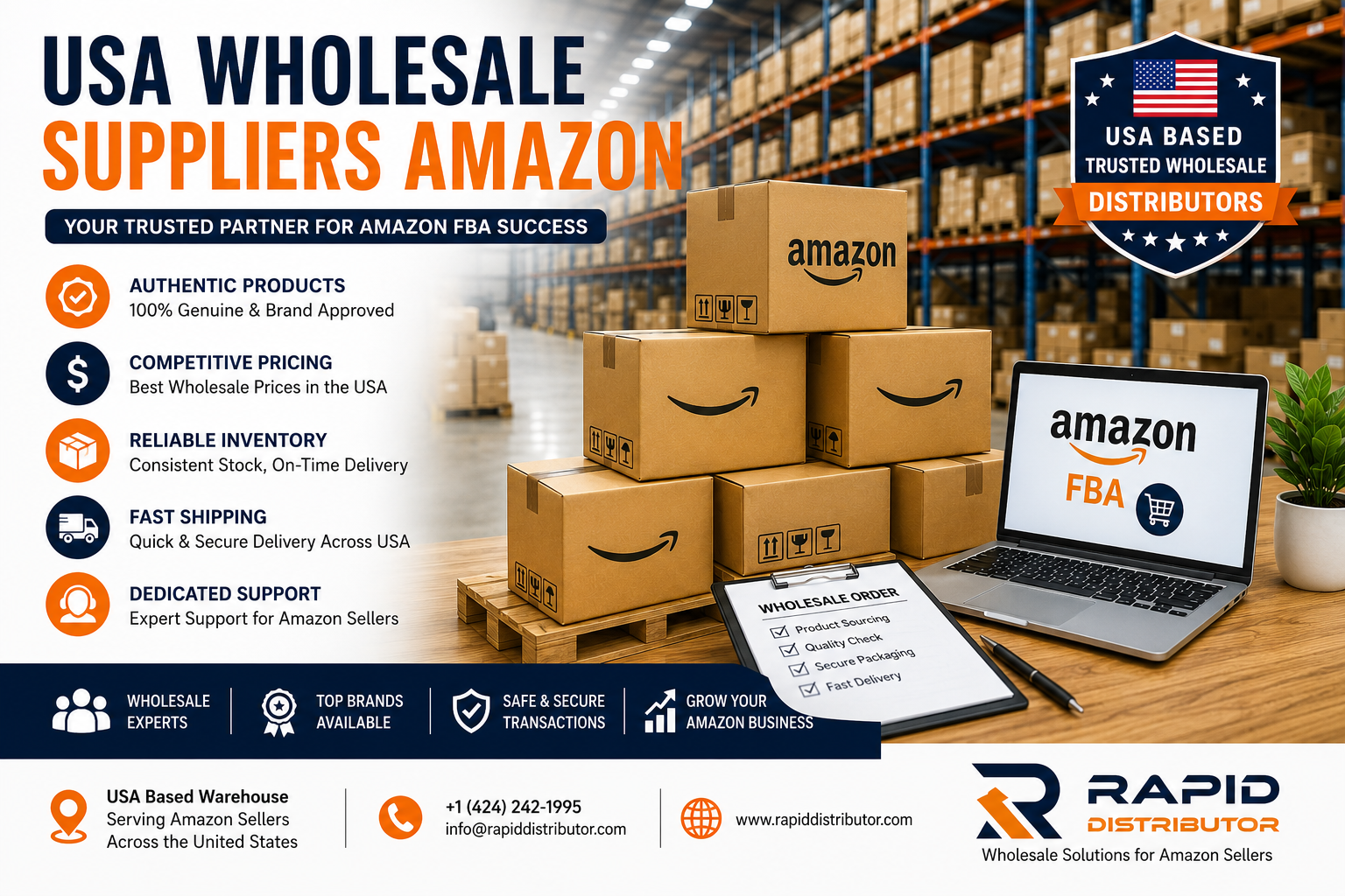 USA wholesale suppliers Amazon warehouse with wholesale distributors preparing bulk inventory for Amazon FBA sellers