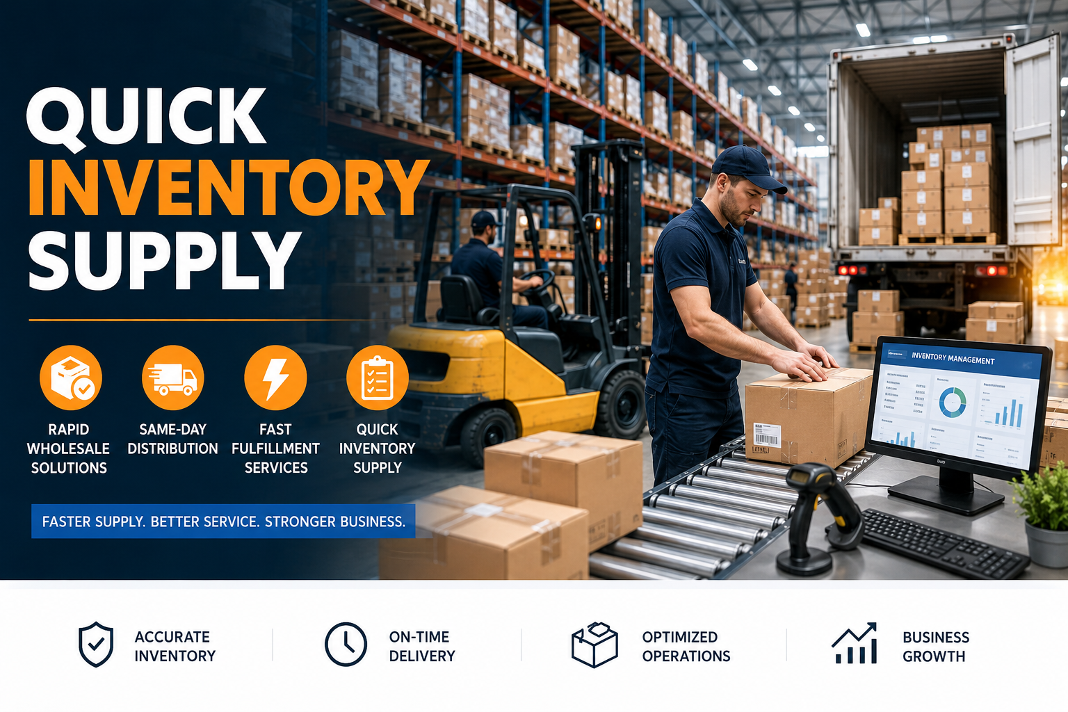 Quick Inventory Supply with rapid wholesale solutions and fast fulfillment services in a modern wholesale distribution warehouse