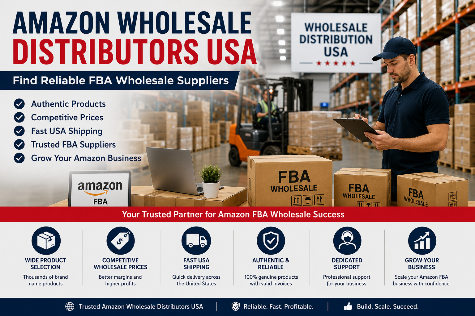 Amazon Wholesale Distributors USA warehouse with FBA suppliers providing bulk inventory for Amazon sellers.