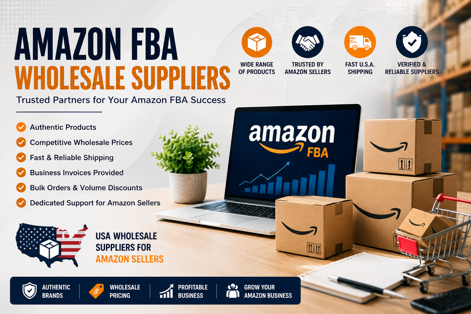 Amazon FBA wholesale suppliers managing inventory in a USA wholesale warehouse