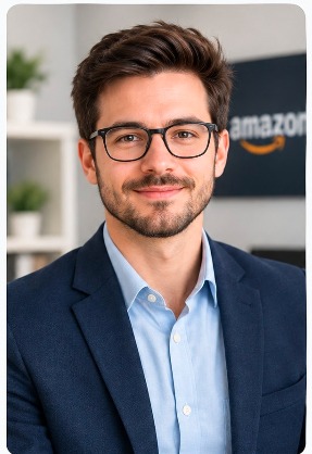 Amazon FBA author portrait in navy blue suit and glasses